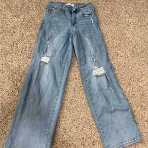 Classic Light Blue Distressed Straight Leg Jeans